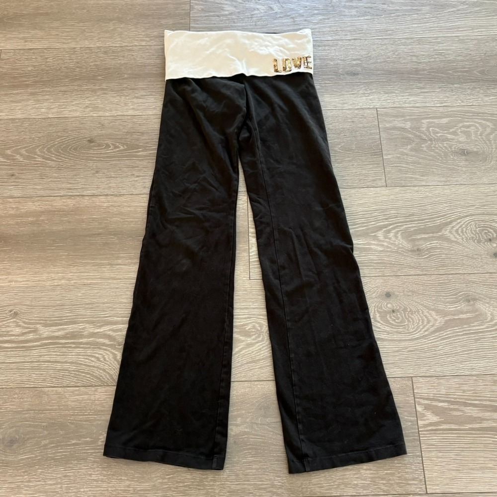 Y2K Pink Victoria's Secret Womens Black Fold over Sequins Flare Yoga Pants Sz S‎